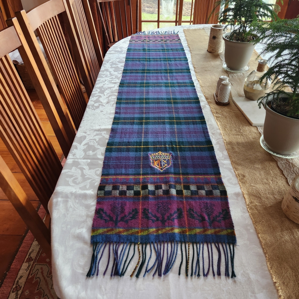 Mackenzie-Childs Vintage Embroidered Crest Blue Plaid Thistle Motif Table Runner